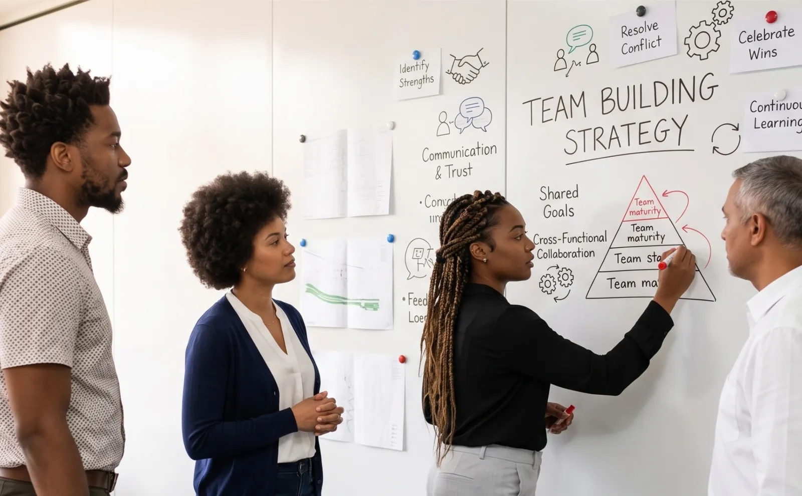 A team mapping their team-building strategy on a whiteboard